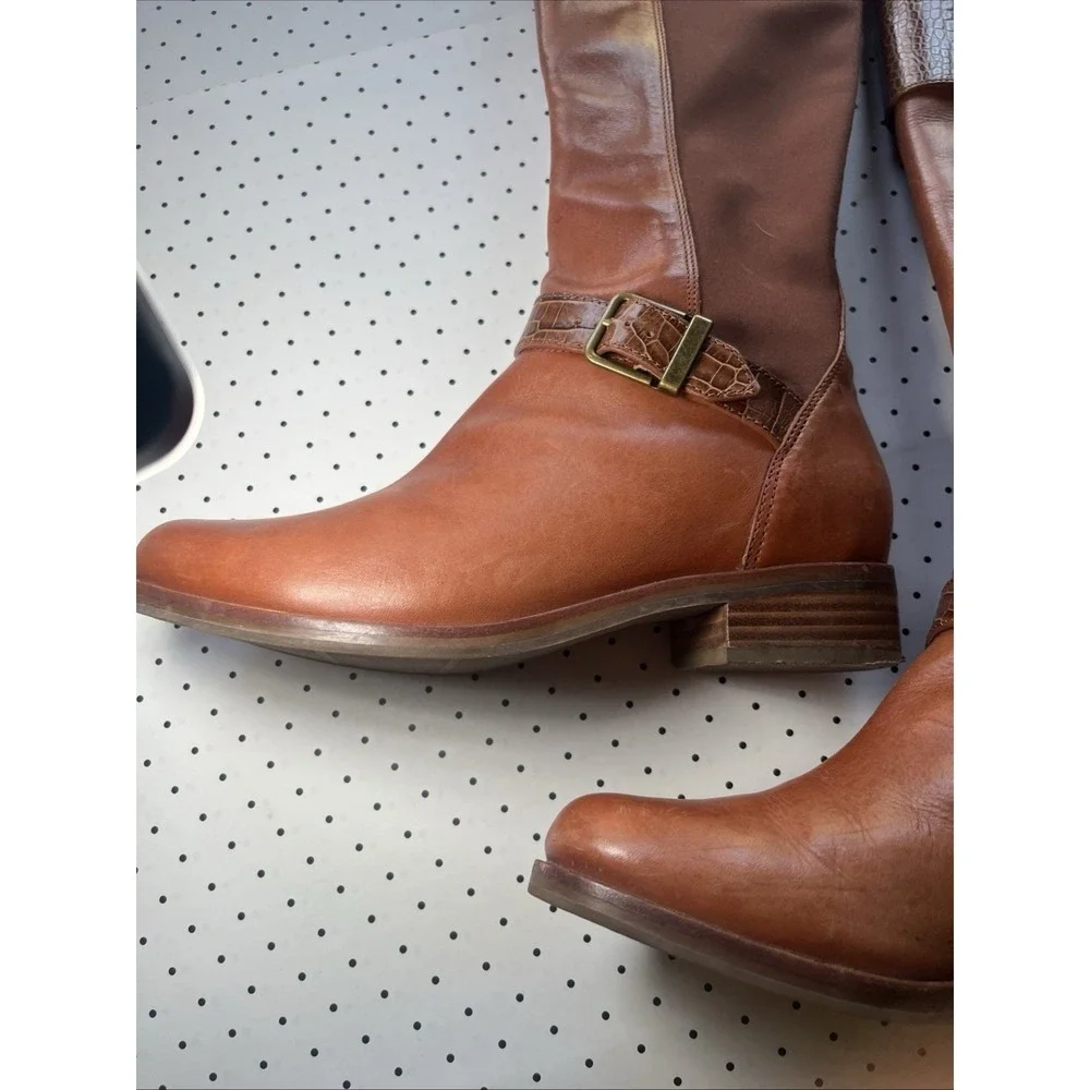 Cole Haan NikeAir Brown Leather Knee High Riding Boots Stretch Back Women's 7B